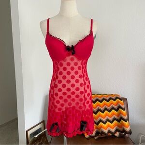 Y2K Black Fuchsia by Secret Lace Coquette Polka Dot Bows Ruffle Slip